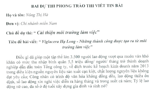 Công đoàn Viglacera Hạ Long công bố kết quả cuộc thi viết bài “Cải thiện môi trường làm việc”